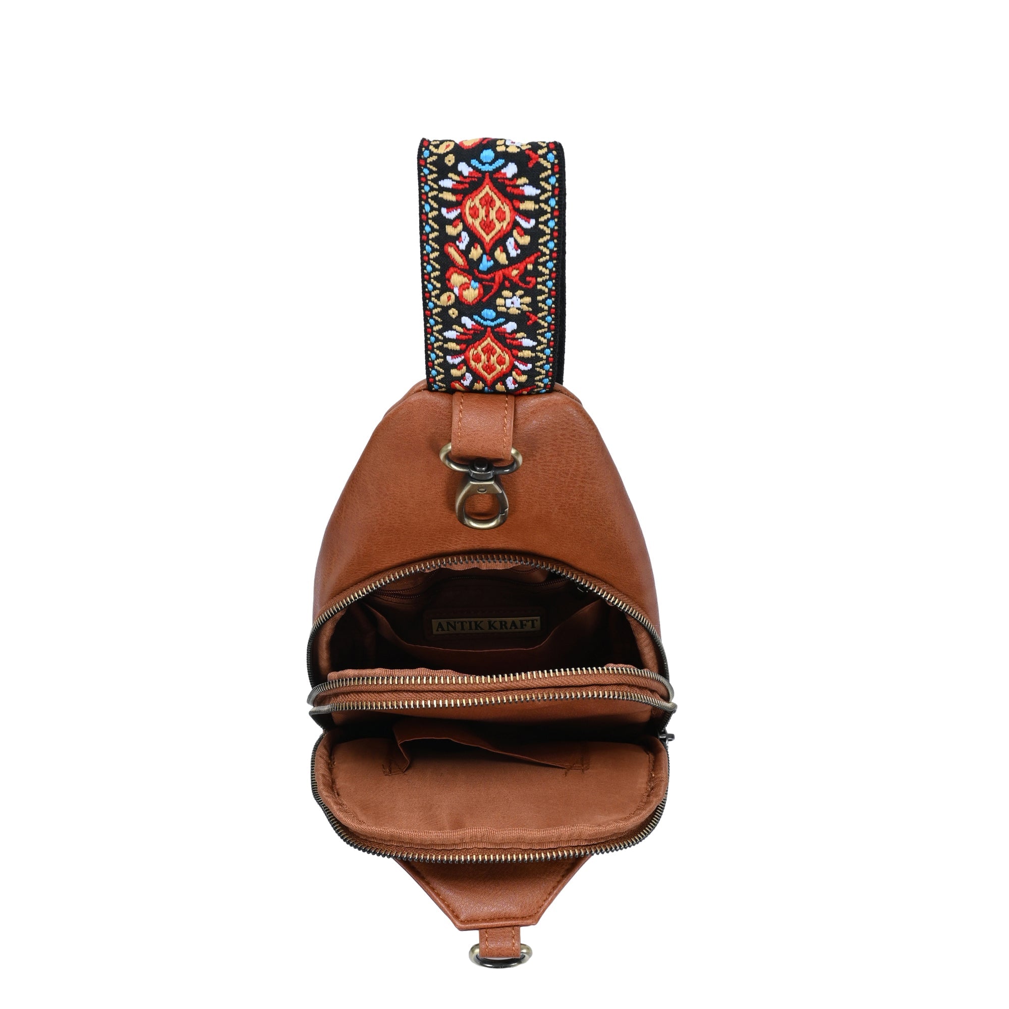 The Mary Sling Bag | Embroidered Strap Vegan Leather Sling | Antik